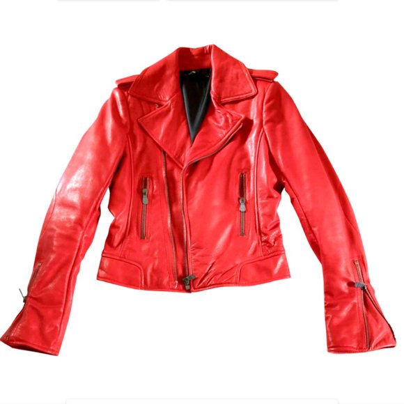 Balenciaga Designer Luxury Red Leather Moto Jacket- Small - Picture 9 of 15